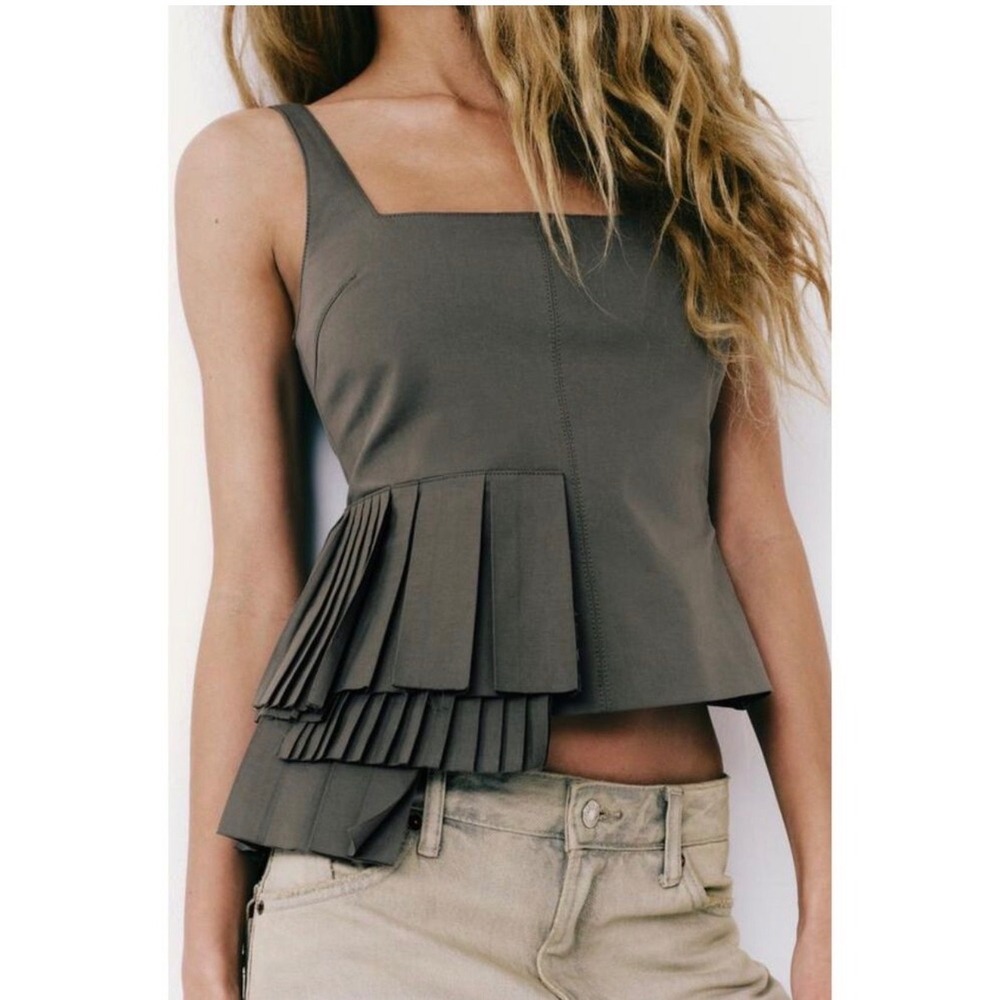 Zara Women Olive Green Pleated Asymmetrical Hem Square Neck Top Size M NEW